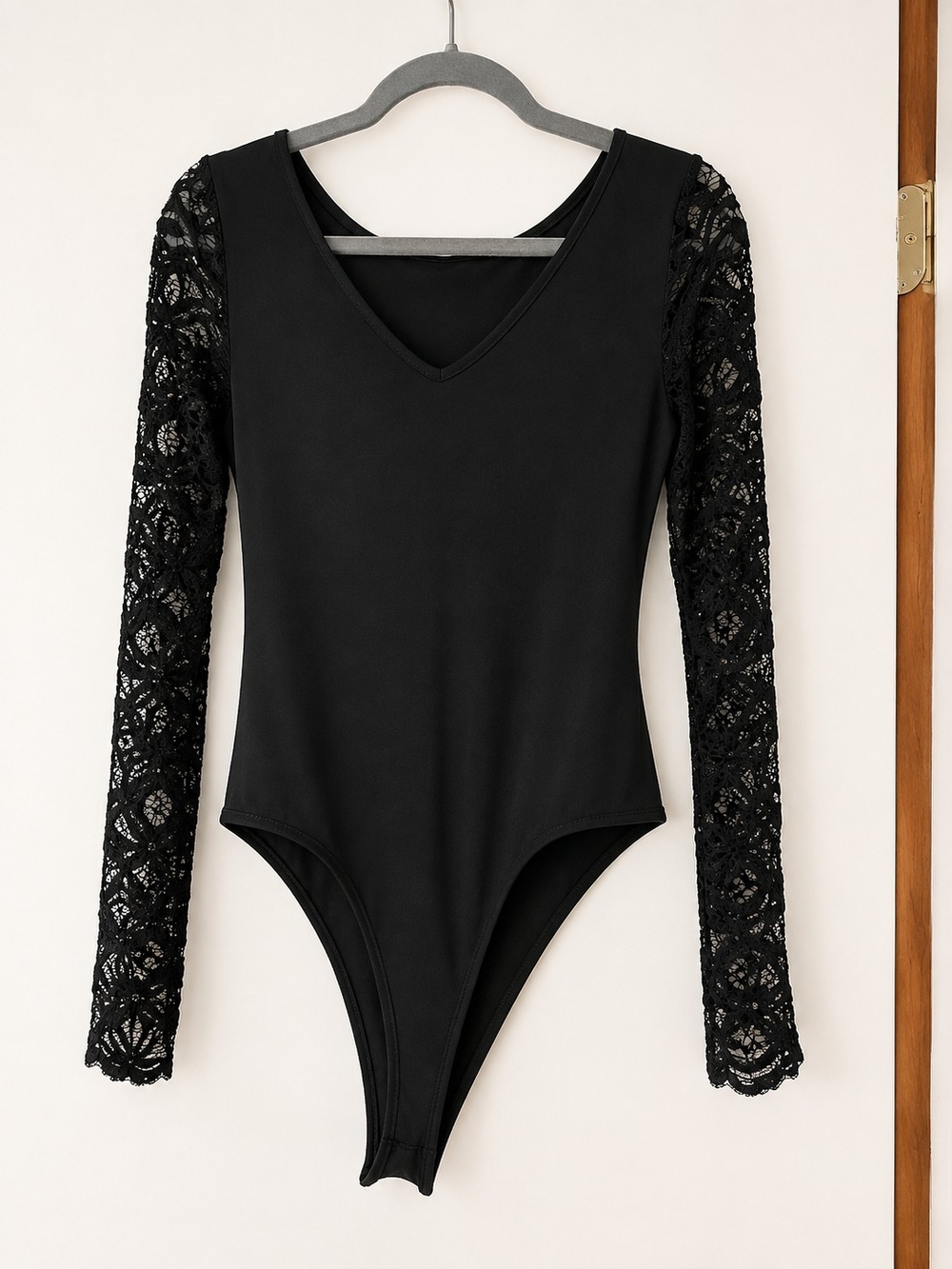 Black Lace-Sleeve V-Neck Bodysuit